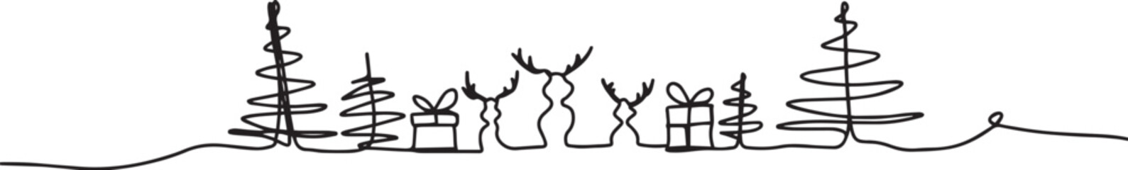 Winter Christmas Tree and Deer Lineart | Festive Holiday Minimalist Vector Outline Artline