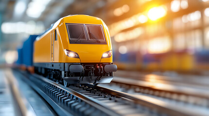 Naklejka premium Train journey begins modern yellow train on tracks urban environment high-resolution image dynamic perspective for enthusiasts