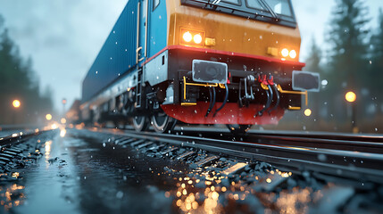 Freight train motion on rainy tracks urban landscape cinematic shot close-up dynamic transport scene