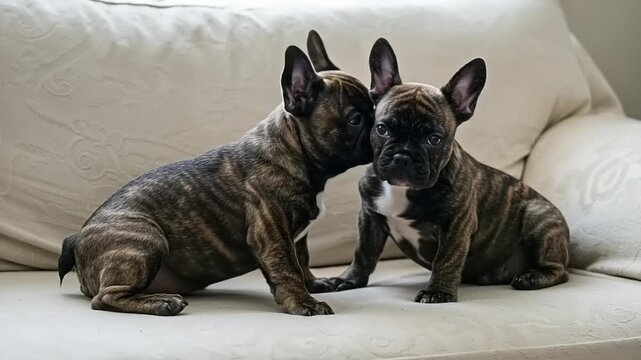 Two french bulldog puppies cuddling on a couch.