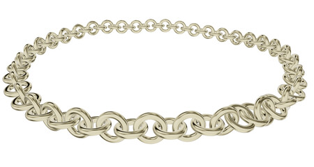 High-resolution 3D illustration of a decorative gold chain forming a contemporary round frame with a varied, composite link design. Perfect for elegant projects.