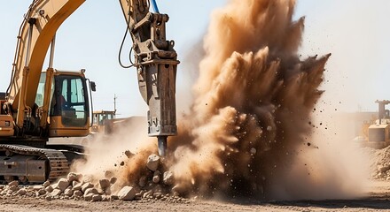 Hydraulic breaker excavator demolition work at construction site with dust cloud industrial