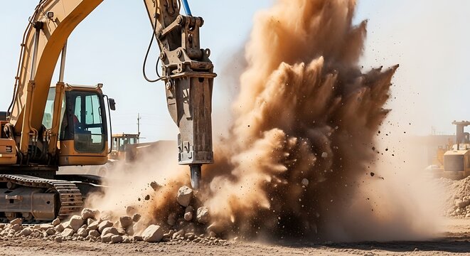 Hydraulic breaker excavator demolition work at construction site with dust cloud industrial