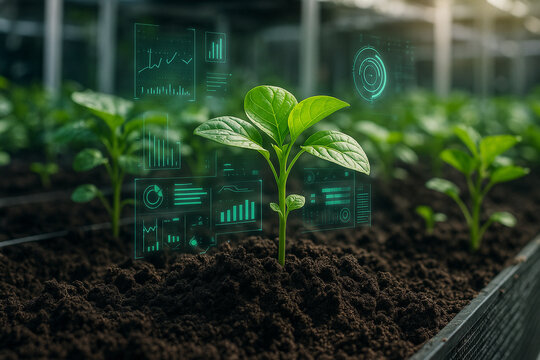 AI generated close up of green seedlings growing in rich soil with glowing holographic farming data in a futuristic greenhouse showing innovation and sustainable agriculture