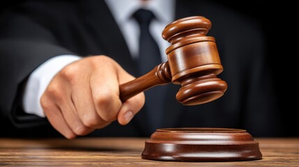 A judge's hand holding a gavel ready to strike in a courtroom setting