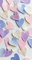 Fototapeta premium A pastel-colored, heart-shaped confetti is scattered on a white background, with a soft and delicate color palette of pink, blue, cream, and lavender. The hearts have intricate.