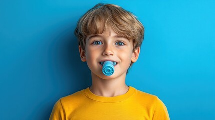 Cute Boy with Unusual Gag in Mouth, Isolated on Blue