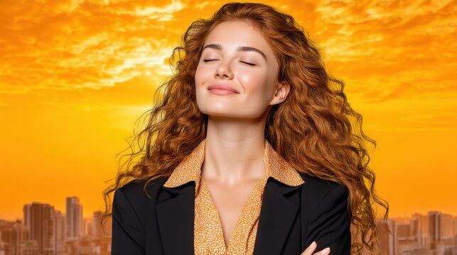Woman with curly red hair enjoying sunset with a peaceful expression