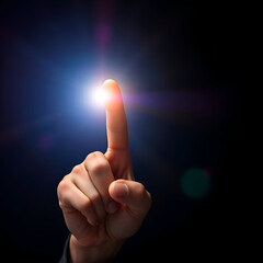 A male hand holding up index finger with bright light shining behind. Close up. JPEG, 2.3MB, 12x12, 3600x3600px, 300p/i