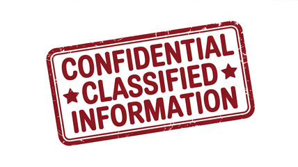 Red and white rectangular sign with distressed texture indicating confidential classified information with stars