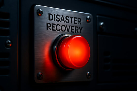 Close-up of red PUSH button labeled "DISASTER RECOVERY" on black metal surface, symbolizing emergency response, disaster recovery plan activation, and crisis management systems
