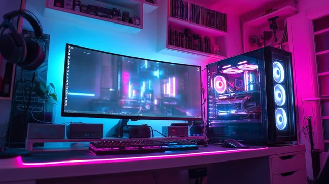 Explore a futuristic gaming setup in a vibrant room filled with LED lights