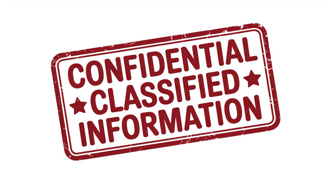 Red and white rectangular sign with distressed texture indicating confidential classified information with stars