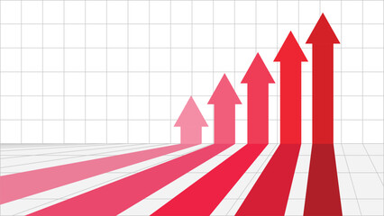 red business arrows pointing up in a row on grid background