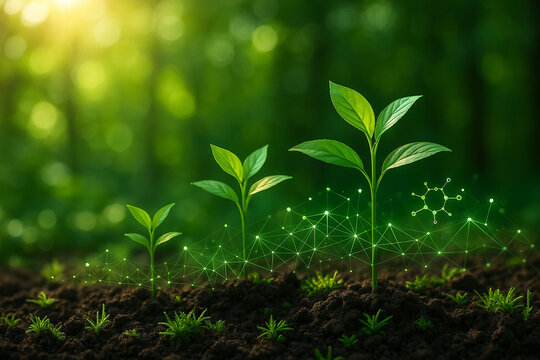 AI generated fresh green seedlings in moist soil with glowing digital IoT networks and molecular patterns symbolizing smart farming precision agriculture sustainability and future innovation