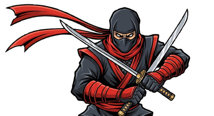Fierce ninja warrior character in a combat pose holding two katana swords. A covert martial arts assassin illustration isolated on a white background.