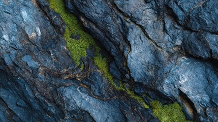 Obraz premium Close-up of dark, textured rock face with moss