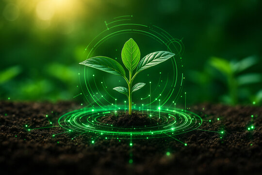 AI generated young seedling emerging from fertile soil surrounded by glowing digital interface representing smart agriculture innovation and sustainable data driven farming