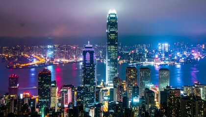 Obraz premium Spectacular night view of a glowing futuristic city skyline over the harbor