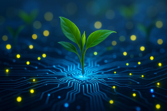 AI generated vibrant green seedling growing on glowing digital circuit symbolizing smart farming innovation connection between nature and technology