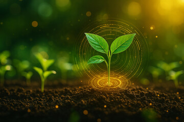 AI generated vibrant green seedling growing from rich soil with glowing digital hologram circle in golden sunlight symbolizing futuristic farming hope precision and data driven sustainability