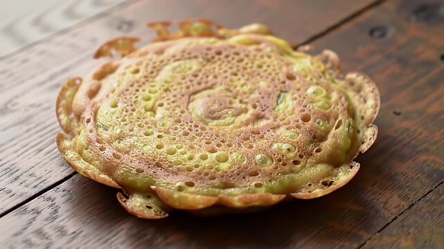 Golden Crispy Thai Pancake Khanom Buang on Wooden Table Featuring Delicate Lacy Texture and Browned Edges Delicious Street Food Snack Promoting Culinary Projects Thai Cuisine Bakery Pastry Cake