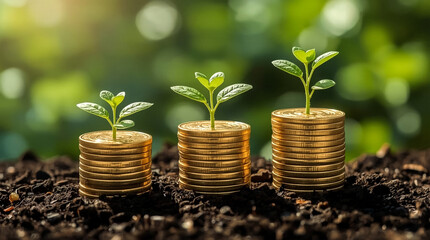 Three stacks of gold coins with growing green plants symbolizing financial growth and investment in nature