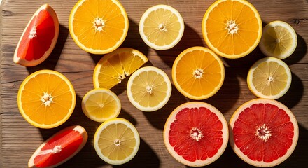 Colorful Citrus Fruit Slices on Wooden Surface for Fresh Produce or Healthy Food Marketing