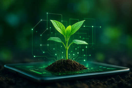 AI generated image of a vibrant green seedling growing from soil on a digital tablet with glowing holographic circuits symbolizing smart farming and the fusion of nature with technology.