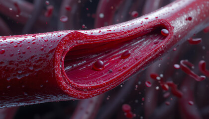 Intricate macro view of a blood vessel, revealing its internal structures with droplets and cells.