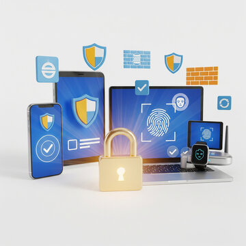 Cybersecurity and Data Protection 3D Illustration with Lock and Devices
