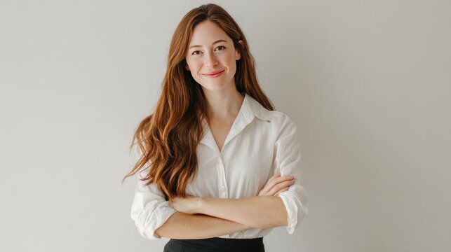 Professional headshot of woman with long hair wearing white shirt posing

