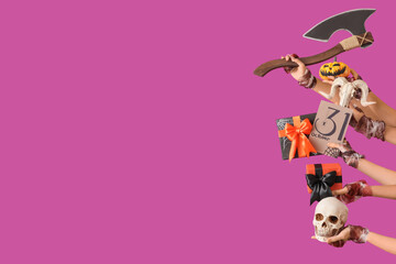 Female bandaged hands with Halloween gifts, cards, skulls, pumpkin and axe on purple background