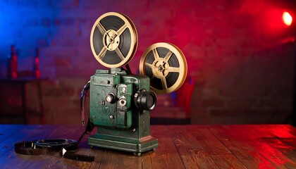 Antique cinema projector on a wooden table with dramatic lighting