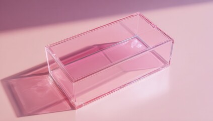 A pink, rectangular, transparent plastic box sits on the table, viewed from above. The background is pink, creating a minimalist, simple, and elegant atmosphere. The soft lighting.