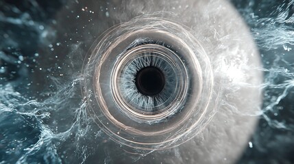 Macro shot of a human eye with blue iris and detailed texture, creating an abstract and artistic image with a digital render
