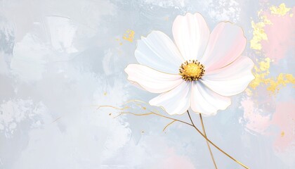 A single, large white and pink flower with gold accents on a textured, light blue background