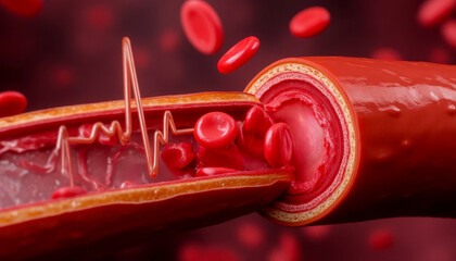 Detailed 3D illustration of a blood vessel with red blood cells and heartbeat representation.