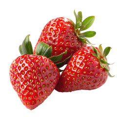 Close-up of three vibrant red strawberries, showing their bumpy texture and green leaves