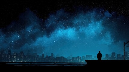 Solitary Figure Gazing at Starry Night Sky Over Urban Landscape