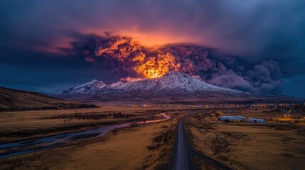 Fototapeta premium Volcanic eruption over a town at twilight