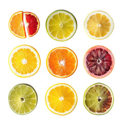 Fototapeta premium Nine citrus fruit slices, top-down view. Brightly colored, round slices of orange, grapefruit, blood orange, and lime, displayed in a grid pattern against a black background
