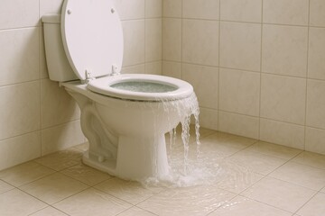Plumbing Emergency Overflowing Toilet Floods Clean Tiled Bathroom Floor - Realistic Indoor Disaster Scene