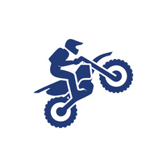 Silhouette of a motorcyclist performing a wheelie on a dirt bike, depicted in a solid blue color against a white background.