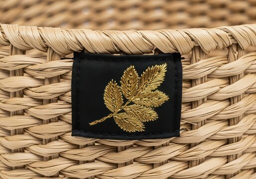 Close up of a woven basket with a golden leaf emblem on a black tag