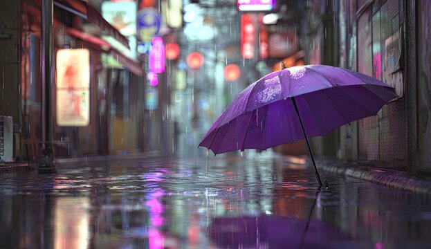 A purple umbrella stands alone on a rain-slicked street in an Asian city at night