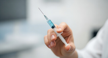 Hand Holding a Medical Syringe with Blue Liquid.