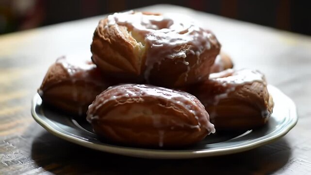 Pile of Delicious Paczki Pastries Glazed with White Icing Displayed on Blue Rimmed Plate A Culinary Still Life Perfect for Bakery Promotions and Fat Tuesday Celebrations Showcasing Traditional Polish