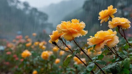 Yellow roses in rain; garden scene