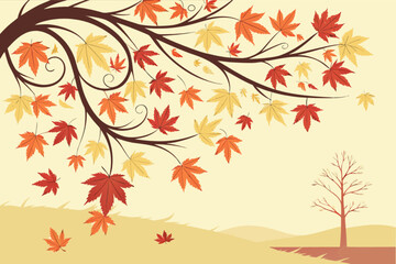 A beautiful autumn scene with colorful maple leaves on a tree branch, creating a warm and inviting fall landscape isolated on white background